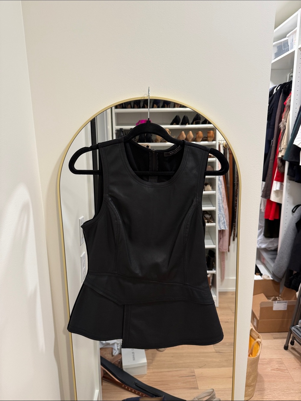 BCBG Black Faux Leather Peplum Tank Top